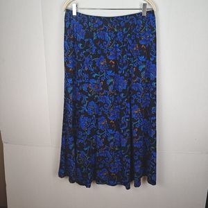 Vintage Rayon Liz Baker Black and Blue Floral Midi Skirt